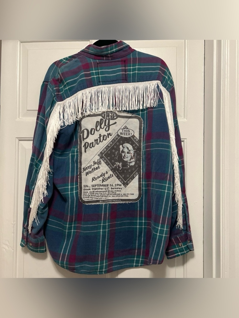 Upcycled Fringe Plaid Flannel with Dolly Parton Patch - Teal & Purple